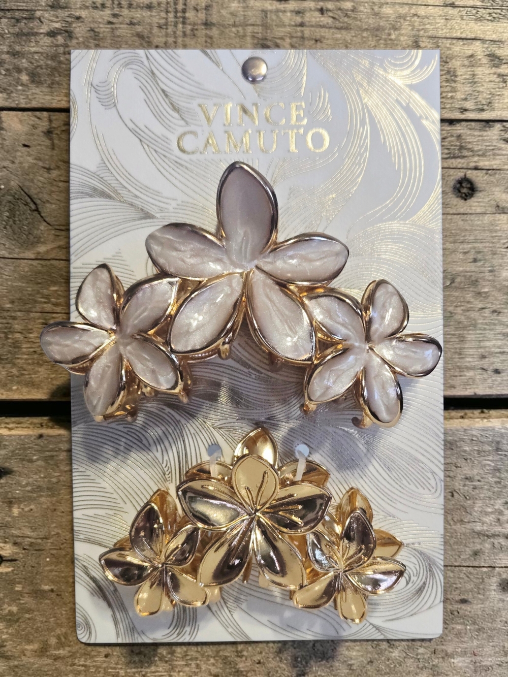 NEW Vince Camuto Floral Metalic Claw Hair Clips in Pearl & Gold 4" & 3" NWT